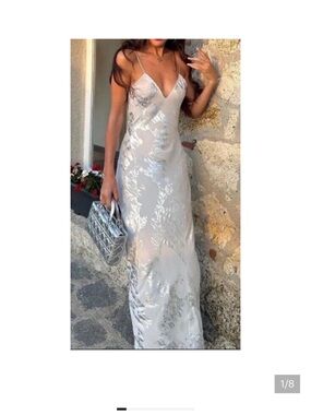 Zara Maxi New foil print slip dress grey silver metallic size open back small